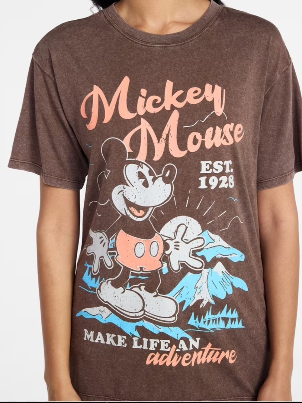 Disney Mickey Mouse Brown Tee with Peach and Light Blue Graphic
